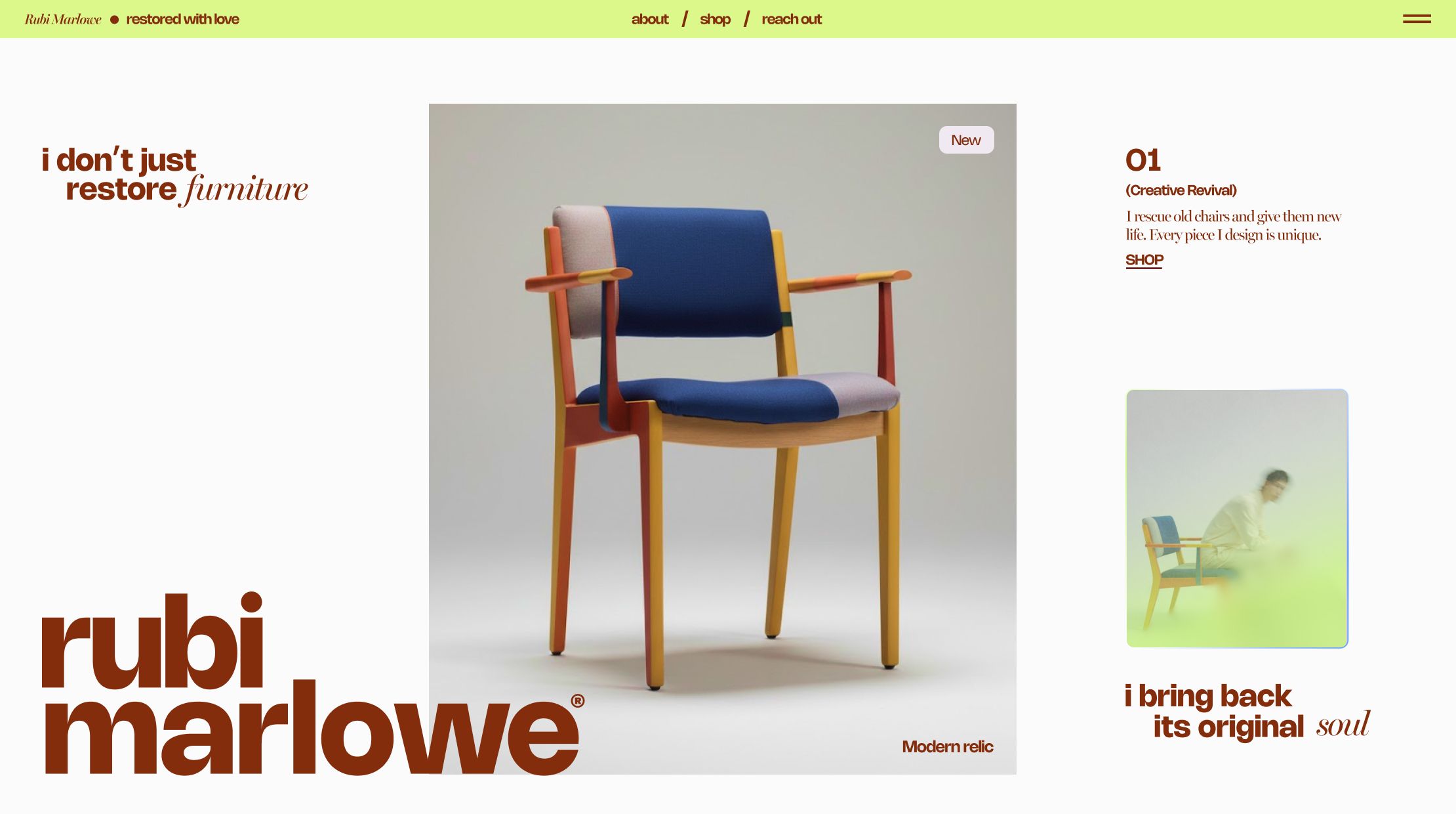 Hero section of a homepage built with Wix’s website builder for a furniture store, showcasing a designed chair.