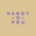 A minimalist logo for a business called Handy Pro, featuring blue sans-serif text and crossed hammer and wrench icons, set against a tan background.