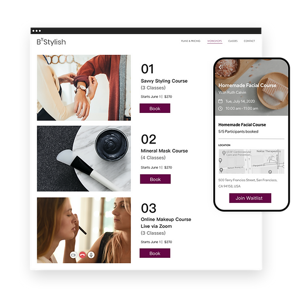 Image of a list of classes on a Wix Bookings website on desktop and mobile.