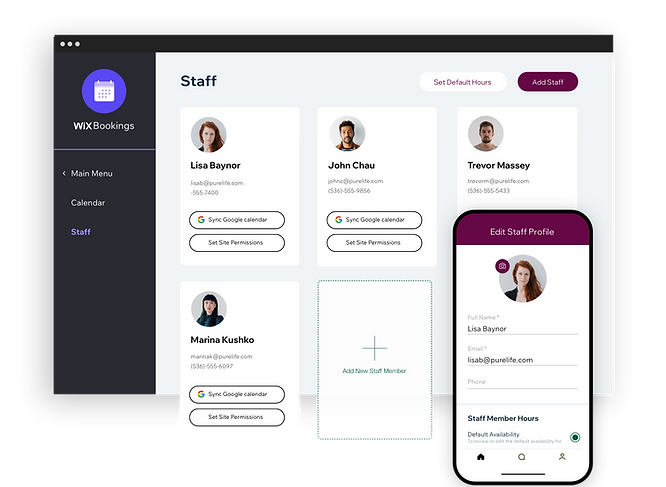 Image of the Staff Management section of your Wix Bookings dashboard.
