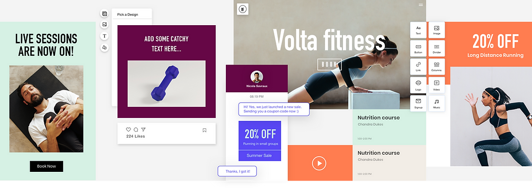 Images of marketing tools that come with the Wix Bookings solution.